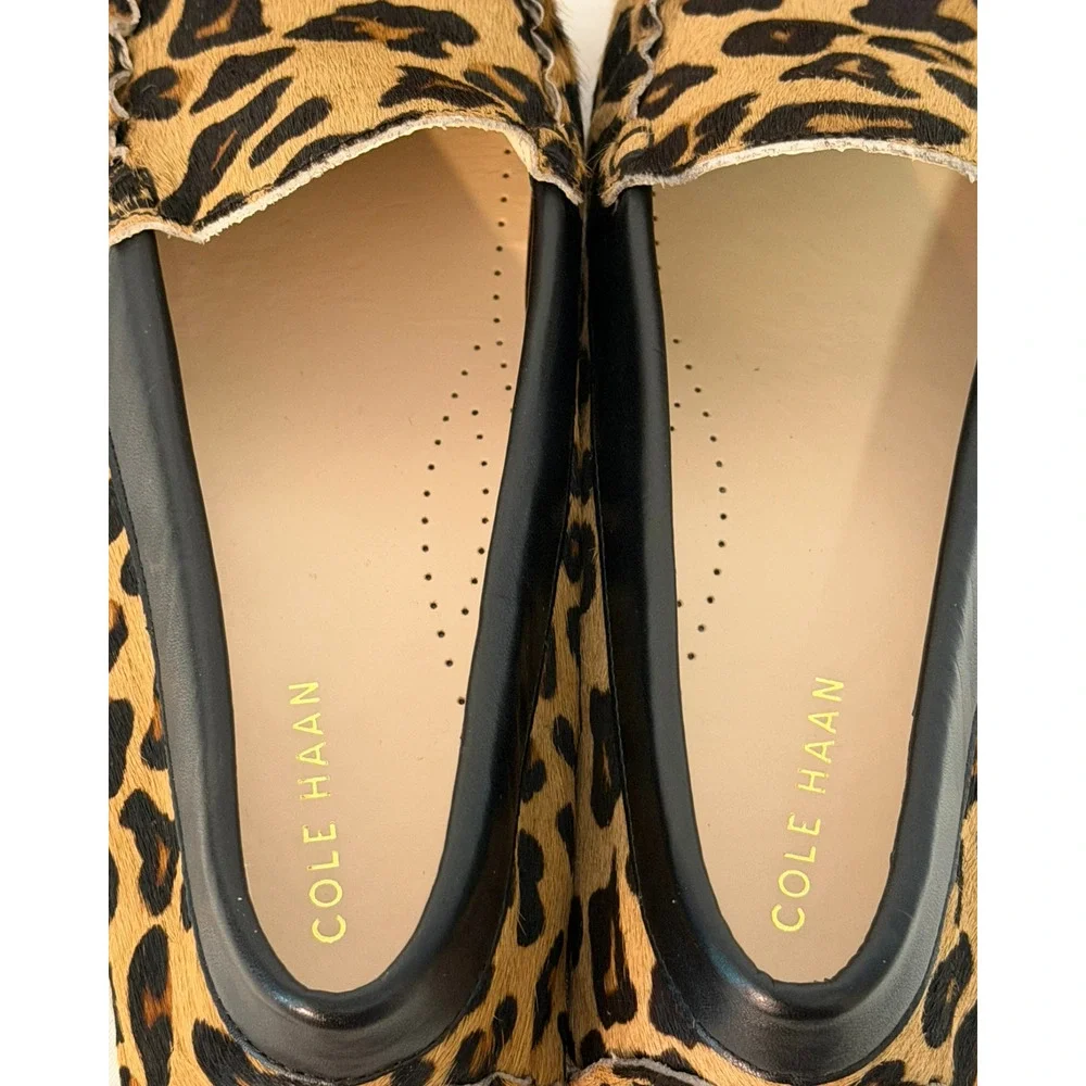 Cole Haan Sz 7.5 Leopard Calf Hair Leather Driving Loafers Mocs Flat Sole Tan